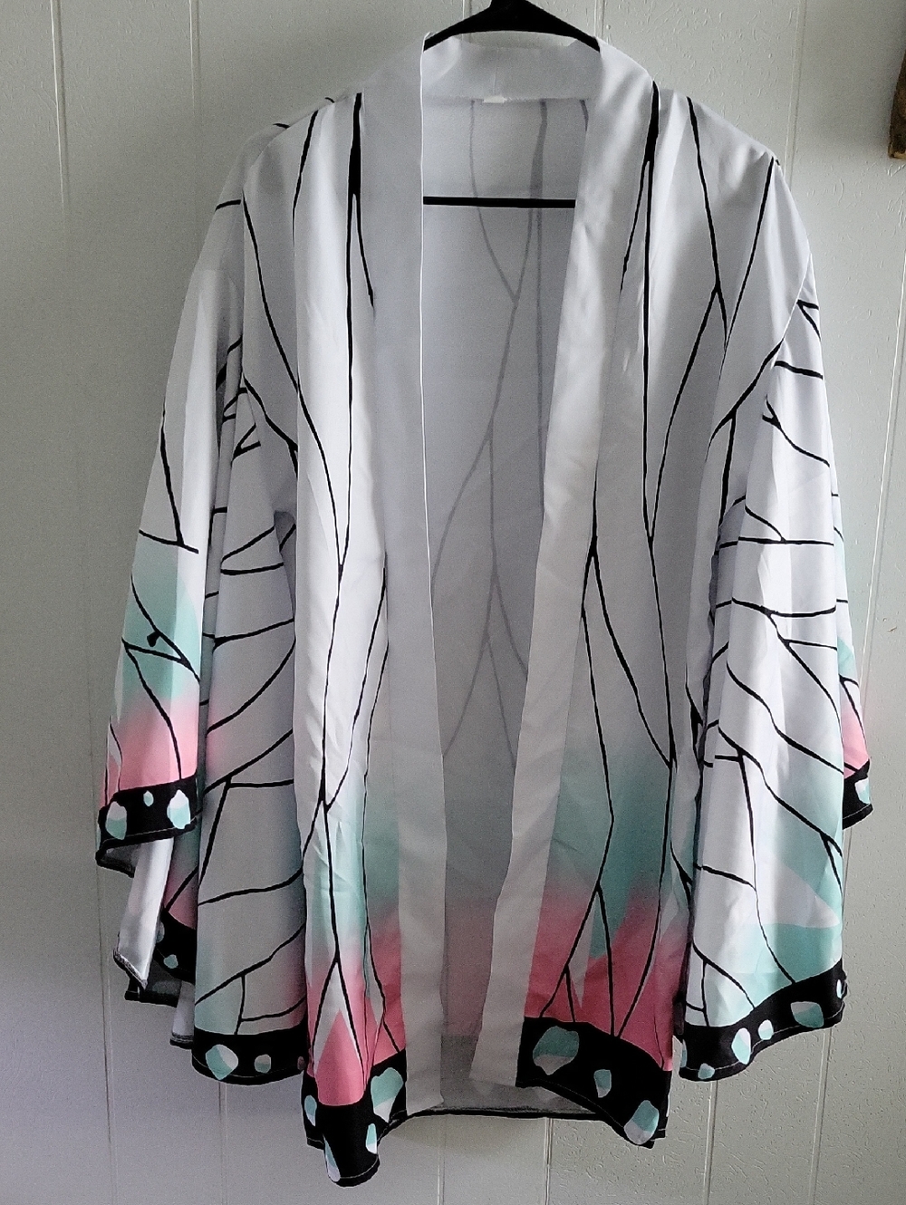 Open-Front White Kimono Cardigan with Pink & Mint Accents